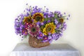 Still life with sunflowers and blue flowers on a white background. Royalty Free Stock Photo