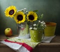 Still life with sunflowers, buckets and apple Royalty Free Stock Photo