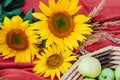 Still life sunflowers and green apples in a basket. Royalty Free Stock Photo