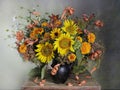 A magnificent bouquet of beautiful flowers of yellow sunflowers in a vase.