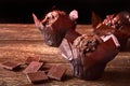 Still life with sweet cocoa muffins on old wooden board table and pieces of chocolate. Isolated on background