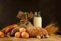 Still life on a table with eggs, bread and a bottle of milk, copy space for your text Royalty Free Stock Photo