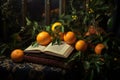 Still life with tangerines and an open book on a dark background