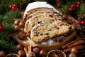 Still life with tasty cake portion. Christmas stollen with several ingredients Royalty Free Stock Photo