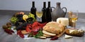 Still life with tasty seafood, wine, cheese and bread Royalty Free Stock Photo