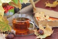 Still life with tea, books and leaves in autumn Royalty Free Stock Photo