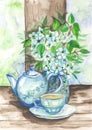 Hand painted illustration. Still life with tea cup, teapot and spring flowers in ceramics jug on the table Royalty Free Stock Photo