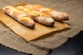 still life with three French fresh bread baguettes with poolish, shallow dof Royalty Free Stock Photo