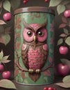 Still life of tin jar with owl design, rustic charm, Generative AI