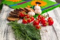 Still life: tomatoes, black bread, garlic, fennel, bayberry pep Royalty Free Stock Photo