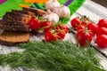 Still life of tomatoes, black bread, garlic, fennel, pepper Royalty Free Stock Photo