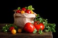 Still life of tomatoes, garlic and parsley on wooden boards. On a black background. Royalty Free Stock Photo