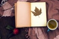 Still life with top view apple, tea and vintage book