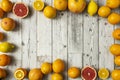 Still life top view of citrus fruits, grapefruit, Valencian oranges and lemons Royalty Free Stock Photo