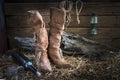 Still life with traditional leather boots in barn studio Royalty Free Stock Photo