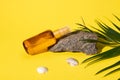 Still life with mockup bottle of sunscreen lotion on a small rock, sea shells and palm leaf, isolated yellow background. Royalty Free Stock Photo