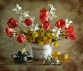 Still life with tulips, narcissuses and dandelions Royalty Free Stock Photo