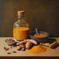 Still life with turmeric root, mustard seeds, and almonds in rustic setting Royalty Free Stock Photo