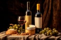 Still life of two bottles of wine with clean labels, an elegant glass, different varieties of cheese, grapes, nuts and bread. Royalty Free Stock Photo