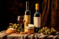 Still life of two bottles of wine with clean labels, an elegant glass, different varieties of cheese, grapes, nuts and bread.