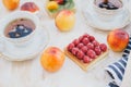 Still life with two cups of tea in a vintage cups and two tarts with fresh fruits on a white vintage background Royalty Free Stock Photo