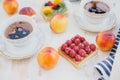 Still life with two cups of tea in a vintage cups and two tarts with fresh fruits on a white vintage background Royalty Free Stock Photo