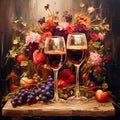 Still life with two glasses of red wine, bunch of grapes and flowers on wooden board. Square oil painting, vintage style Royalty Free Stock Photo