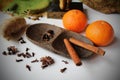 Still life - two tangerines and spice - ginger, cloves, star aniseed, black pepper and cinnamon arranged on a wooden bowl