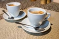 Still-life, two white coffee cups, serving plates, small metal s