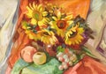 Still life in Ukrainian style with fruits and sunflowers. Gouache painting Royalty Free Stock Photo