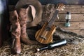 Still life with ukulele in barn studio Royalty Free Stock Photo