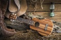 Still life with ukulele on cowboy hat and traditional leather bo Royalty Free Stock Photo