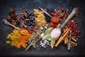 Still life of a variety of dried culinary spices