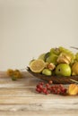 Still life:various assorted fruits in copper plate,isolated on the wooden table, copy space Royalty Free Stock Photo