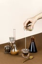 Still life with various chemical, laboratory glassware and flasks with coffee