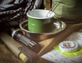 Bushcraft outdoor survival kit on rough canvas