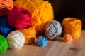 Still life with various yarn for knitting and crochet on wooden background Royalty Free Stock Photo