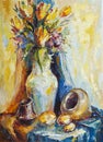 Still life of a vase of flowers and ceramic vessels