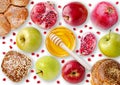 Still life View from above - challah, apples, pomegranate and bo Royalty Free Stock Photo