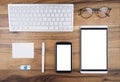 Still life of view from above of office supplies and red cup of Royalty Free Stock Photo