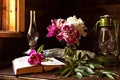 Still Life Of Vintage Items And A Bouquet Of Peonies On A Table By The Window In An Old Village House