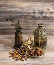 Still life with vintage oriental latern and mill. Royalty Free Stock Photo