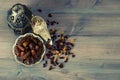 Still life with vintage orintal latern, raisins and dates Royalty Free Stock Photo