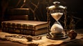 Still life with vintage sand hourglass and old paper books stack generative ai Royalty Free Stock Photo