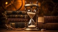 Still life with vintage sand hourglass and old paper books stack generative ai Royalty Free Stock Photo