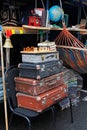 Still life of vintage suitcases, chess, books at the festival `Bright people` in the City Day in Moscow.