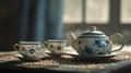 Still life of vintage teacup and teapot set. Copy space. AI generated Royalty Free Stock Photo