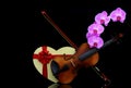 Classic violin with bow, heart shape gift box and pink orchids on dark background Royalty Free Stock Photo