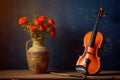 Still life with a violin and a bouquet of red roses.
