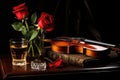 Still Life with Violin, Roses and Glass of White Wine, Dark Background, Classical Music Concept Royalty Free Stock Photo